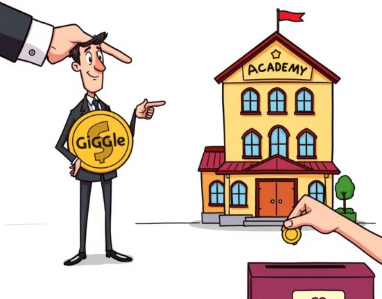 A cartoon illustration clarifying that the GIGGLE coin is separate from the educational mission of Giggle Academy, emphasizing the importance of distinction.