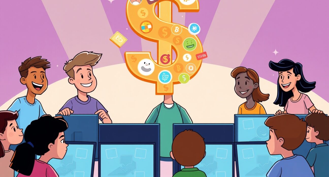 A vibrant cartoon illustrating Giggle Academy's innovative approach to education, funded by significant memecoin donations.