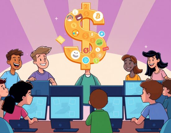 A vibrant cartoon illustrating Giggle Academy's innovative approach to education, funded by significant memecoin donations.