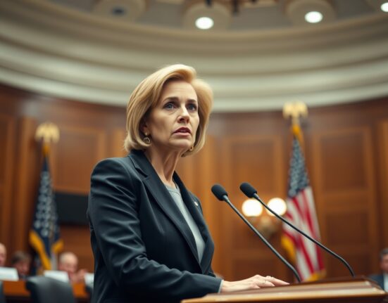 Senator Kirsten Gillibrand speaking at a podium in a Senate hearing room about cryptocurrency regulation.