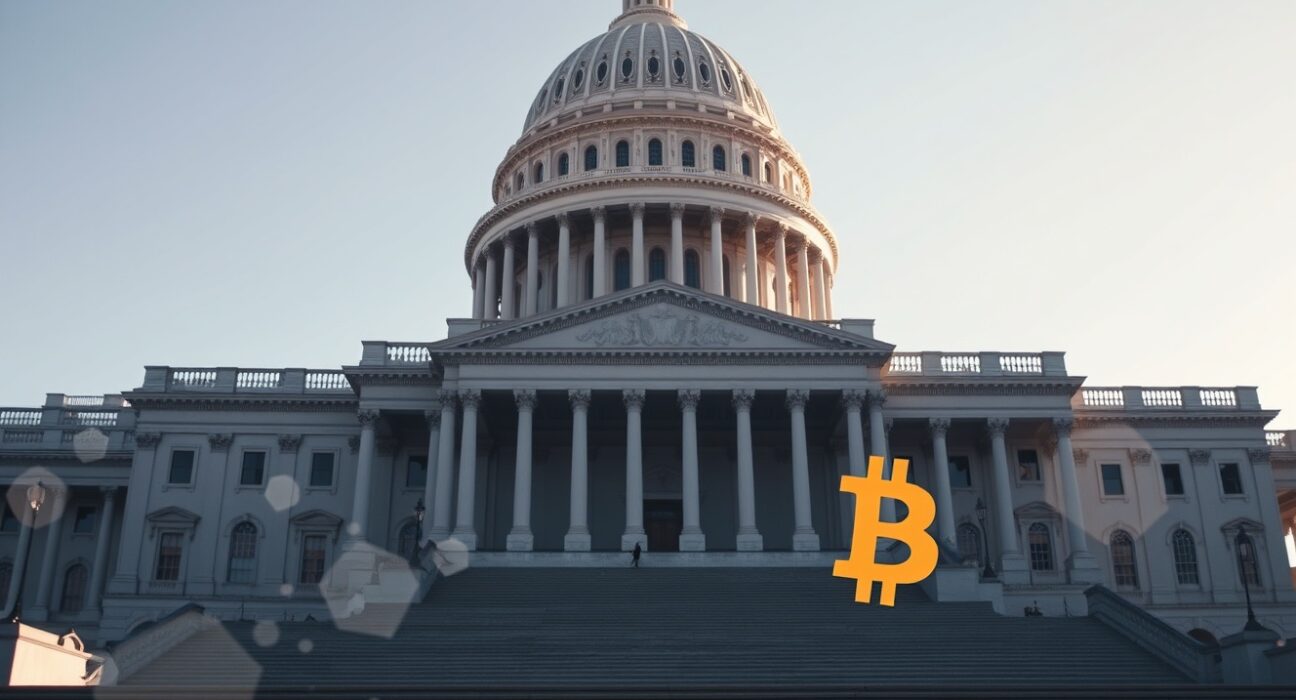US Capitol building with subtle digital blockchain overlay symbolizing cryptocurrency regulation debate