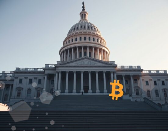 US Capitol building with subtle digital blockchain overlay symbolizing cryptocurrency regulation debate