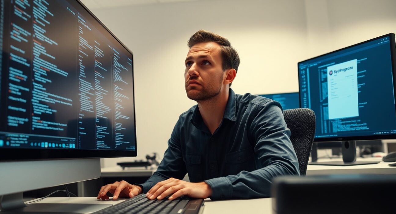 Frustrated software developer at desk with code on monitors, representing cost concerns over GitHub Copilot's new token-based pricing.