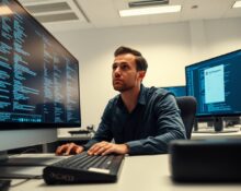 Frustrated software developer at desk with code on monitors, representing cost concerns over GitHub Copilot's new token-based pricing.
