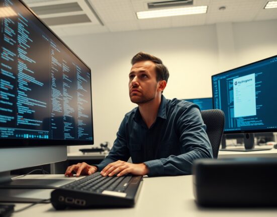 Frustrated software developer at desk with code on monitors, representing cost concerns over GitHub Copilot's new token-based pricing.