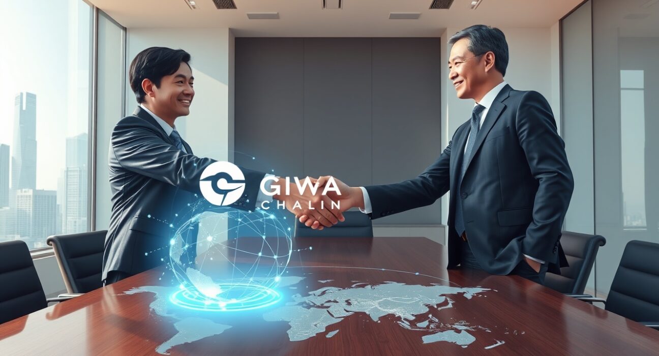 GIWA Chain partnership handshake between Dunamu, Hana Financial, and POSCO International for blockchain remittance
