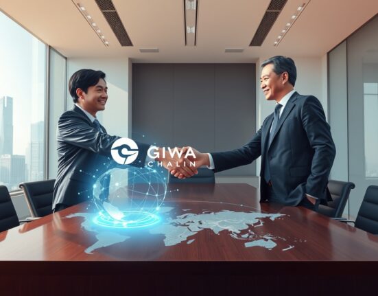 GIWA Chain partnership handshake between Dunamu, Hana Financial, and POSCO International for blockchain remittance