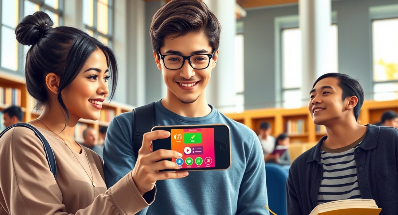 Students using the Gizmo AI learning app for collaborative, gamified study in a modern library setting.