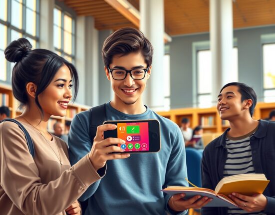 Students using the Gizmo AI learning app for collaborative, gamified study in a modern library setting.