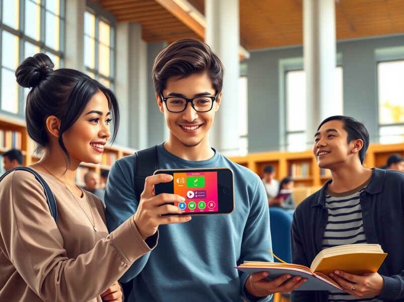 Students using the Gizmo AI learning app for collaborative, gamified study in a modern library setting.