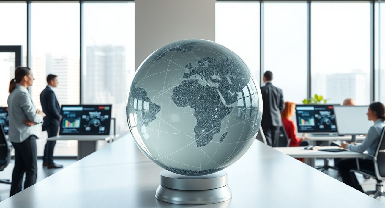 Modern fintech office with digital network globe representing Glacis Labs multi-chain payment platform