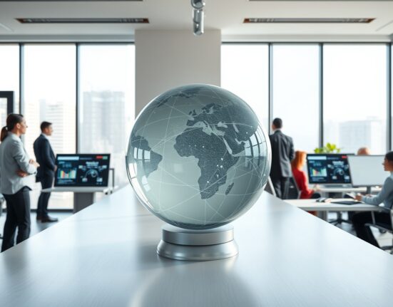 Modern fintech office with digital network globe representing Glacis Labs multi-chain payment platform