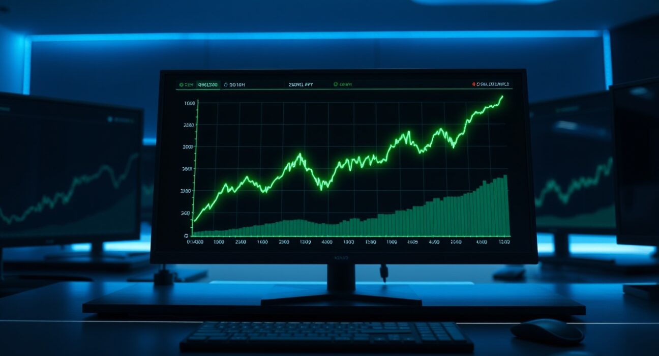 Glowing green altcoin market chart on a professional trading dashboard display