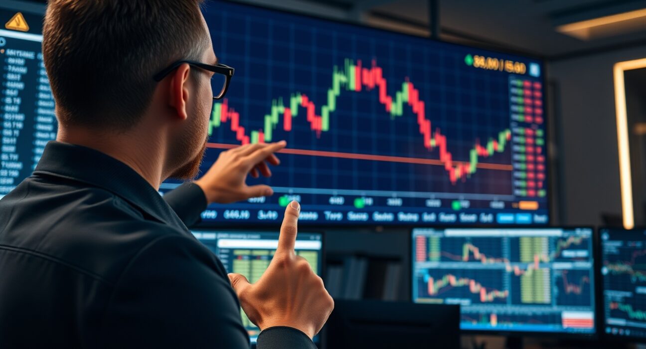 Financial analyst pointing at Bitcoin price chart showing resistance levels at $83,000 and $95,000 in a trading office.