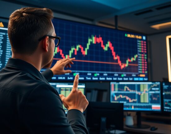 Financial analyst pointing at Bitcoin price chart showing resistance levels at $83,000 and $95,000 in a trading office.