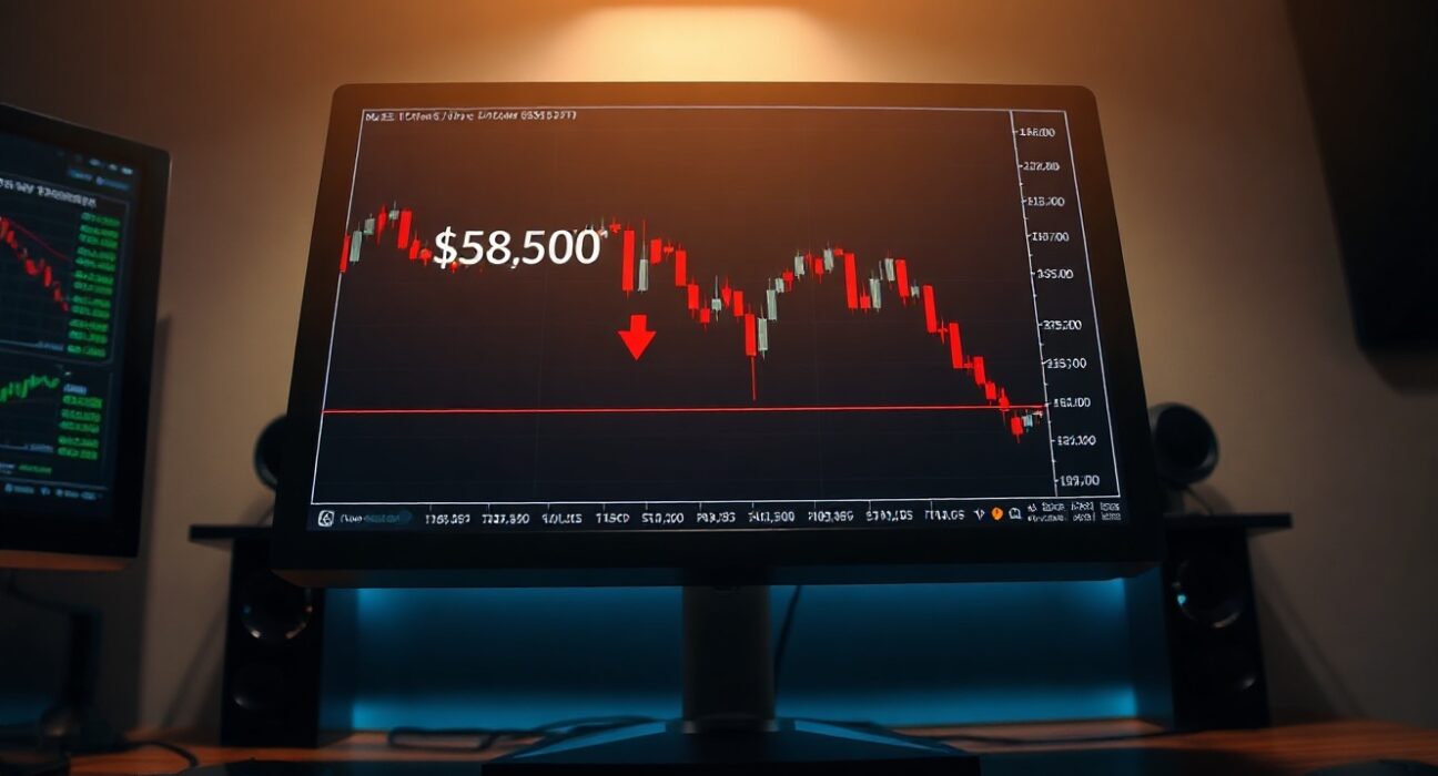Bitcoin price chart on monitor showing support level at $58,500
