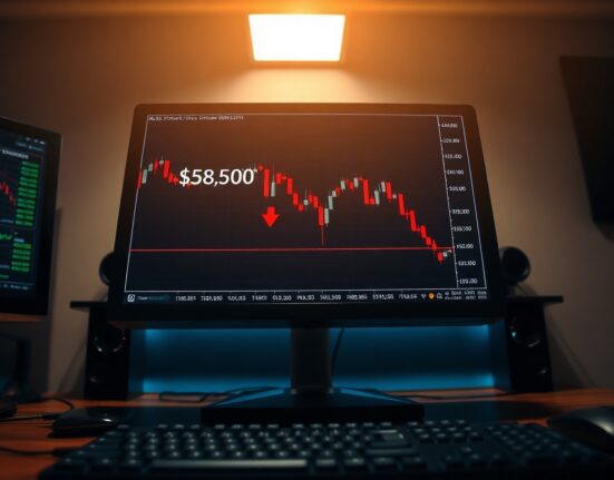 Bitcoin price chart on monitor showing support level at $58,500