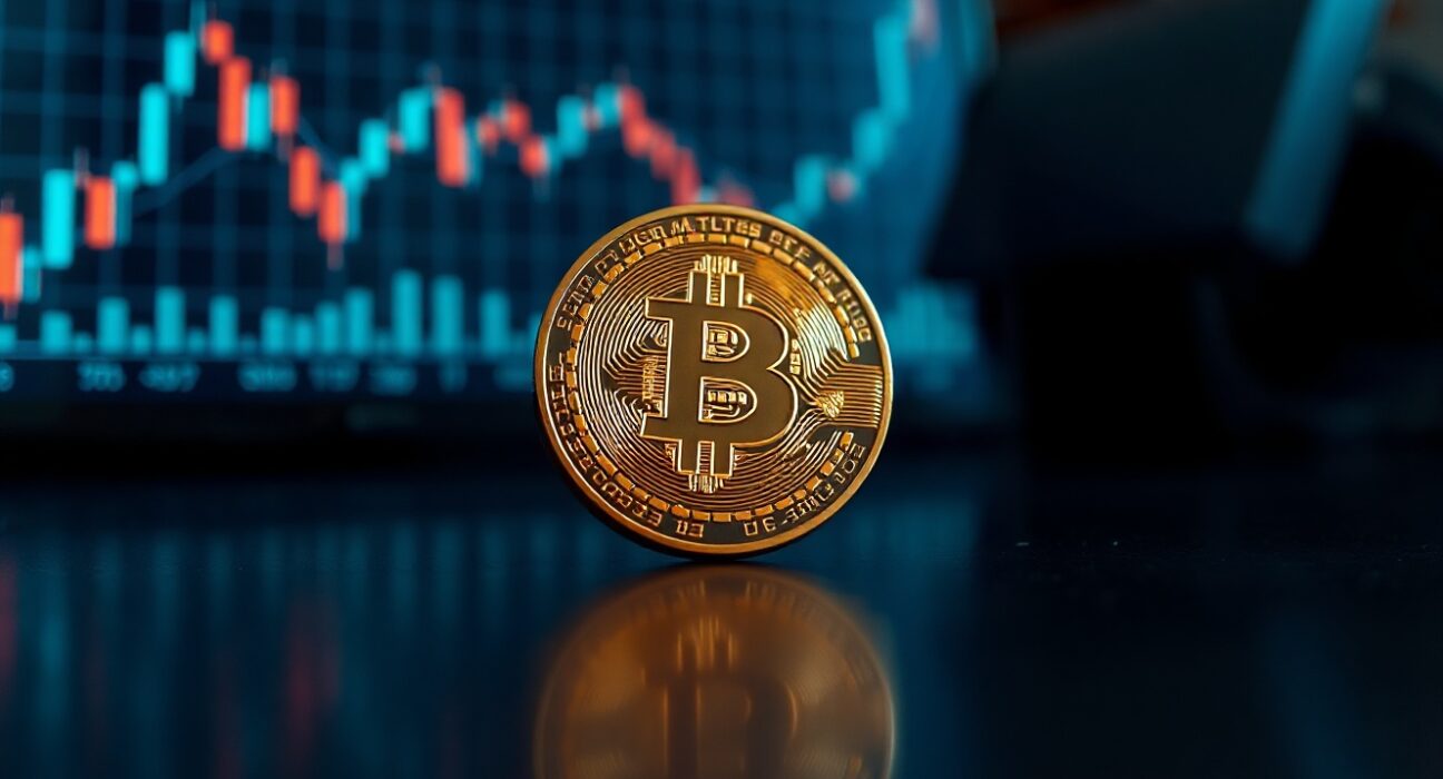 Bitcoin coin on dark surface with declining chart in background, representing market analysis