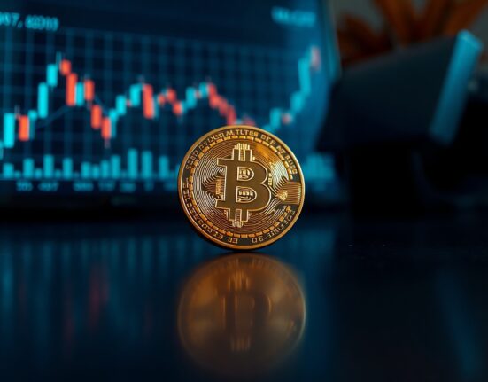 Bitcoin coin on dark surface with declining chart in background, representing market analysis