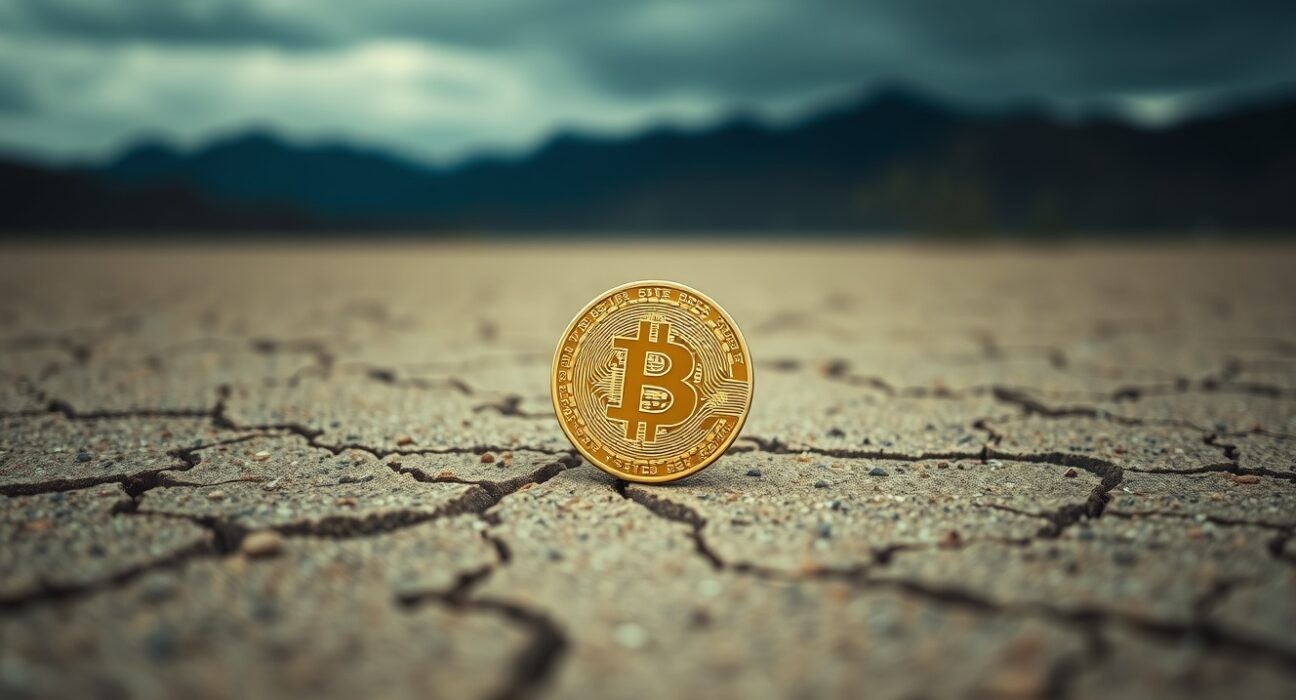Bitcoin coin on cracked desert floor under overcast sky, representing unrealized losses in a bear market.