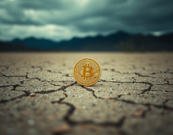 Bitcoin coin on cracked desert floor under overcast sky, representing unrealized losses in a bear market.