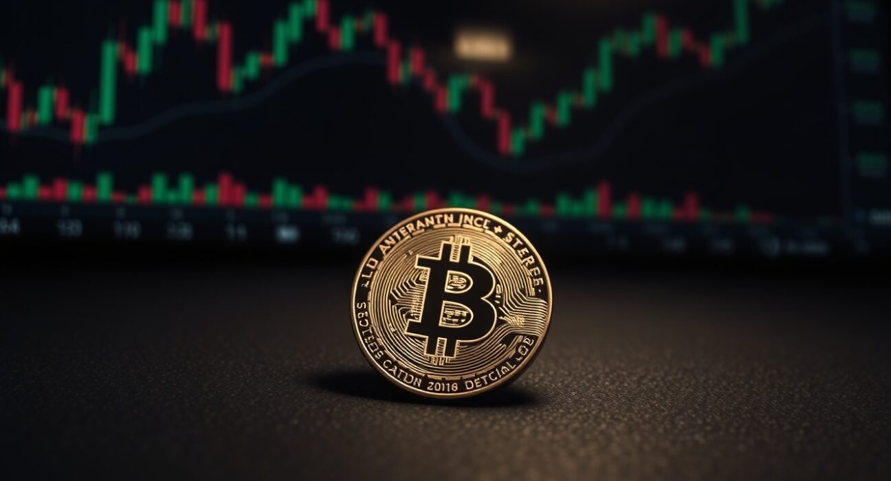 Bitcoin coin on a dark surface with a blurred digital trading chart background, representing market analysis and investor sentiment.