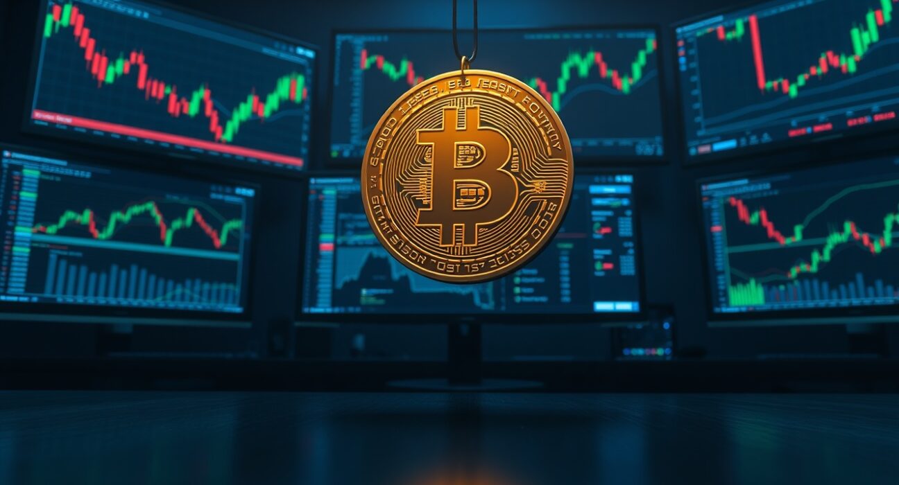 Bitcoin coin hovering above a dark trading desk with monitors showing declining market charts, representing slowing momentum.