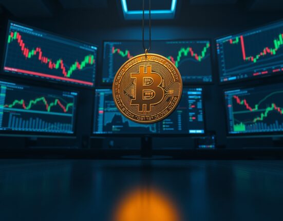 Bitcoin coin hovering above a dark trading desk with monitors showing declining market charts, representing slowing momentum.