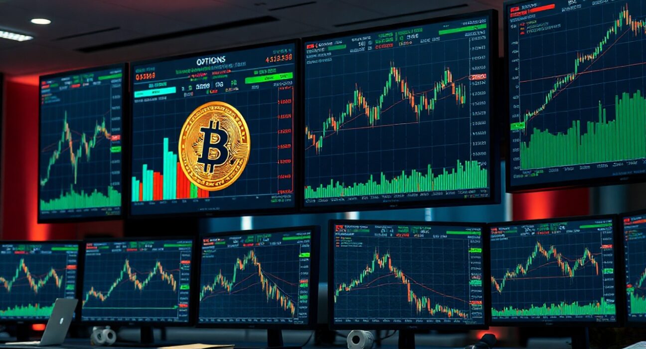 Bitcoin options market analysis on trading screens with charts