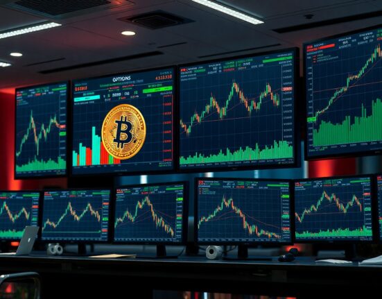 Bitcoin options market analysis on trading screens with charts