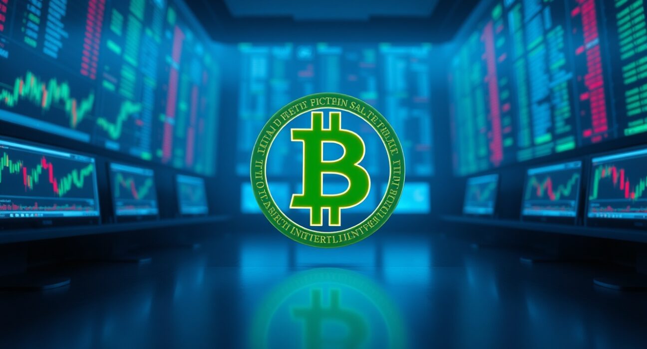 Bitcoin coin symbol on a dark trading floor with candlestick charts in the background