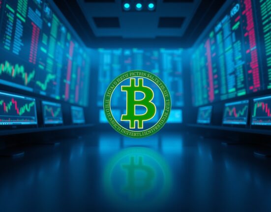 Bitcoin coin symbol on a dark trading floor with candlestick charts in the background
