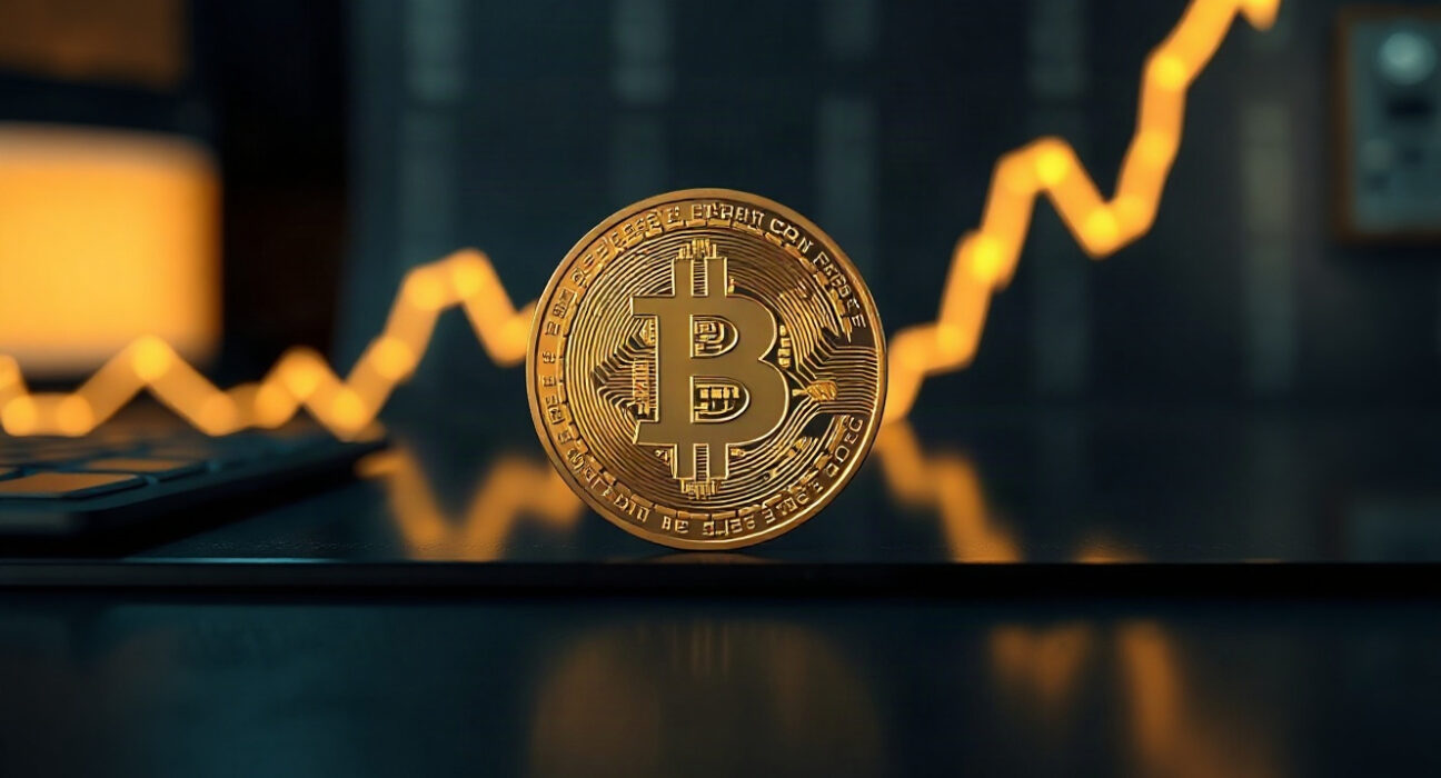 Bitcoin coin with a faint upward chart line in the background, symbolizing a short-term market rebound.