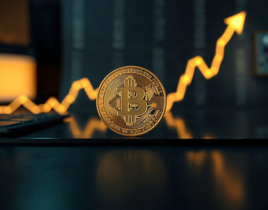 Bitcoin coin with a faint upward chart line in the background, symbolizing a short-term market rebound.