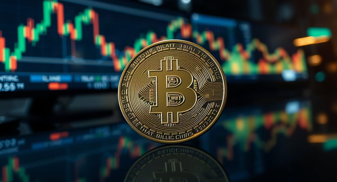 Bitcoin coin in focus with a blurred price chart background symbolizing market resistance.