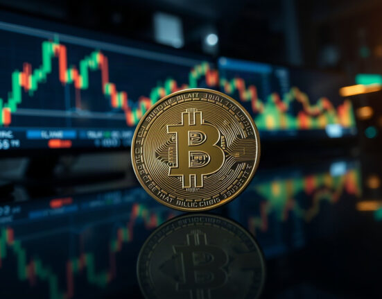 Bitcoin coin in focus with a blurred price chart background symbolizing market resistance.