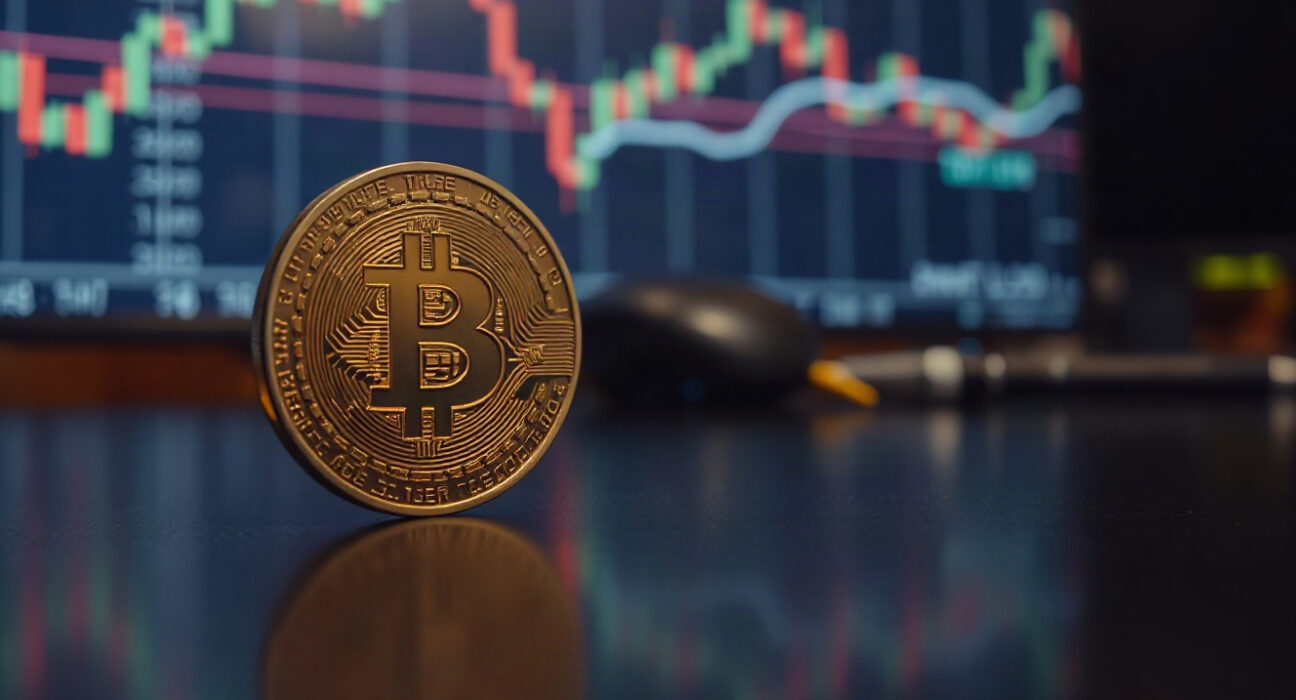 Bitcoin coin with chart overlay representing the $58K-$67K supply cluster