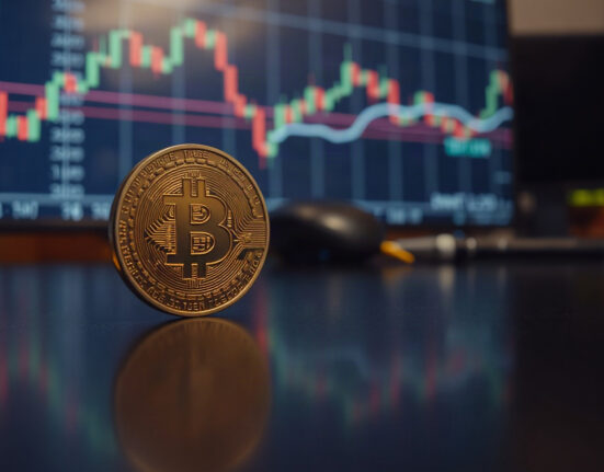 Bitcoin coin with chart overlay representing the $58K-$67K supply cluster