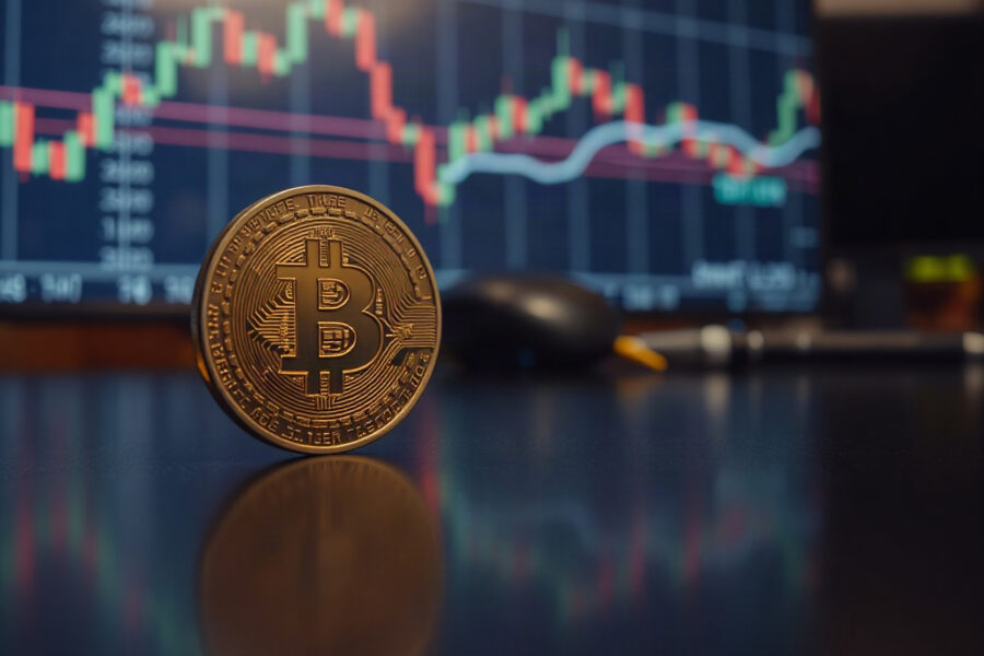 Bitcoin coin with chart overlay representing the $58K-$67K supply cluster