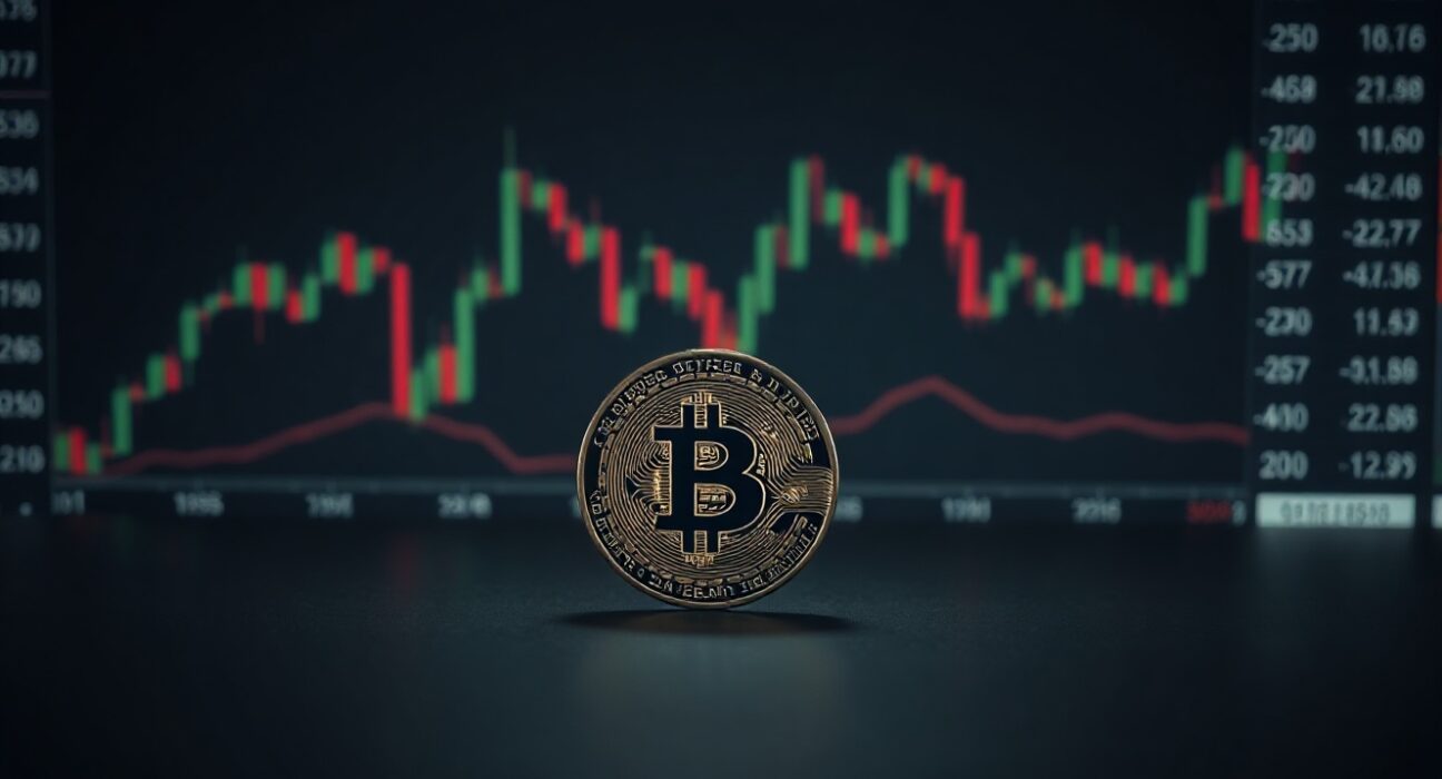 Bitcoin coin on reflective surface with subtle market charts in background, symbolizing market volatility analysis.