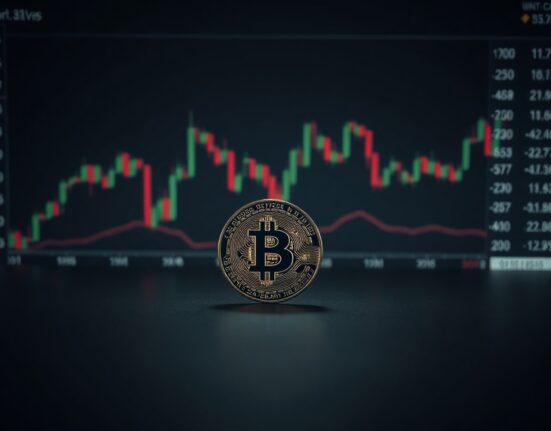 Bitcoin coin on reflective surface with subtle market charts in background, symbolizing market volatility analysis.