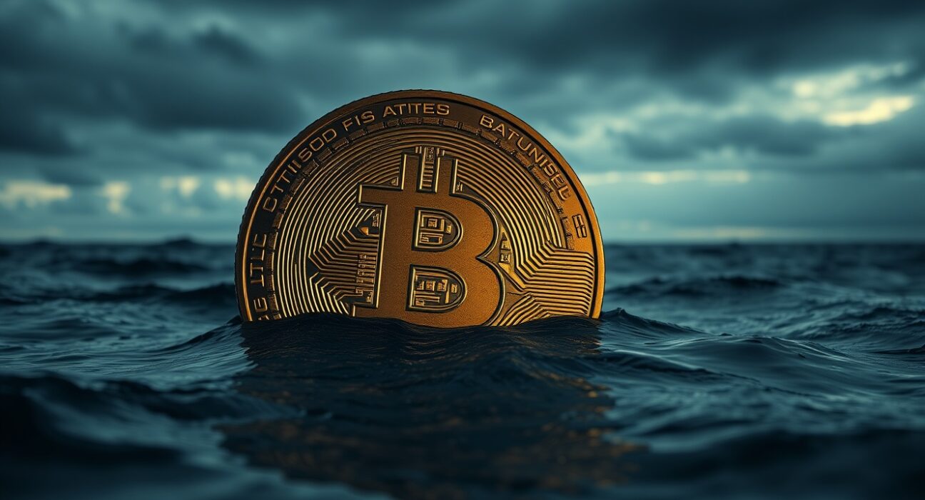 Bitcoin coin partially submerged in dark water, representing unrealized losses and selling pressure in the crypto market.