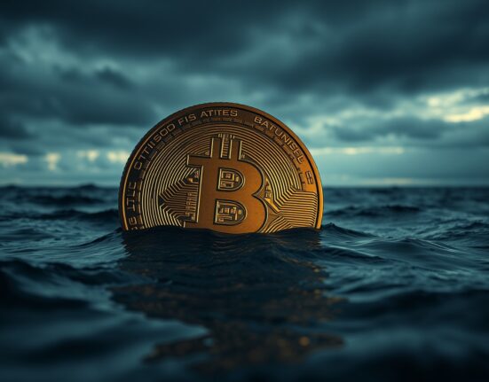 Bitcoin coin partially submerged in dark water, representing unrealized losses and selling pressure in the crypto market.
