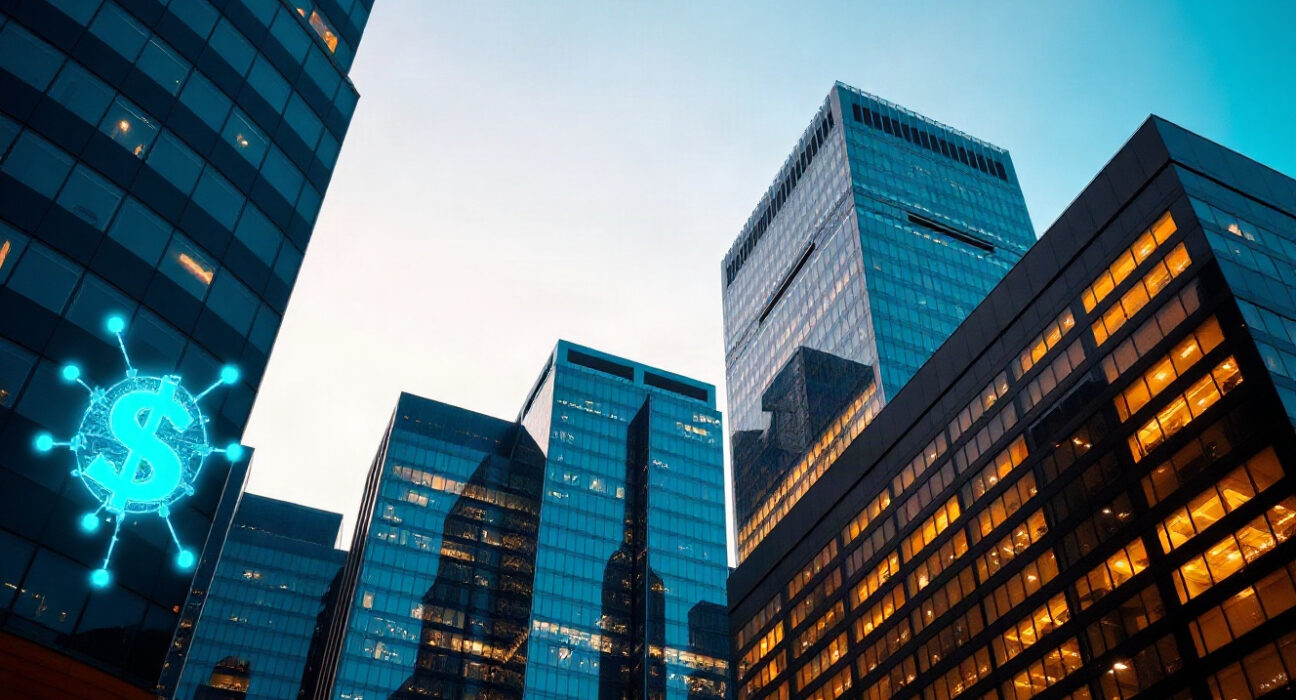 Financial district skyline with digital blockchain overlay representing bank-backed stablecoin initiative