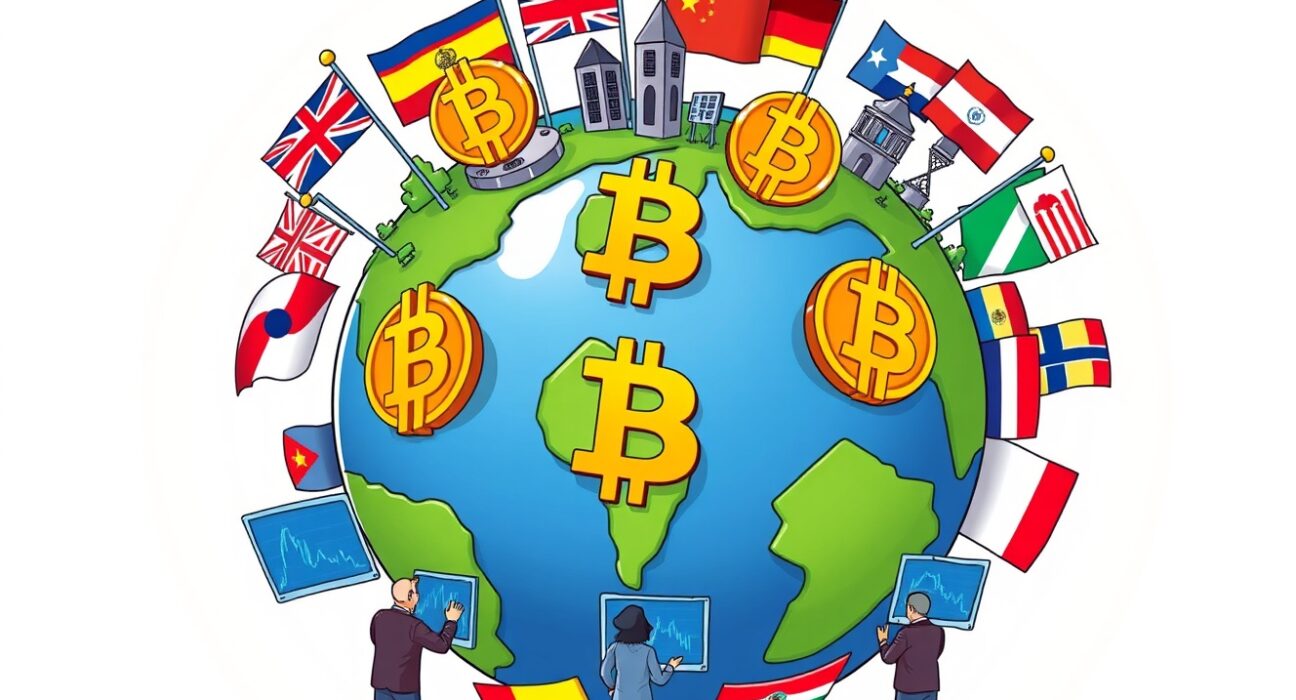 A cartoon illustration showing countries around the world embracing Bitcoin adoption through legislation and strategic reserves.
