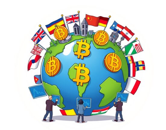 A cartoon illustration showing countries around the world embracing Bitcoin adoption through legislation and strategic reserves.