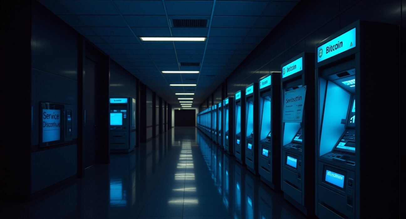 Row of idle Bitcoin ATMs in an empty corridor, one with a service discontinued sign