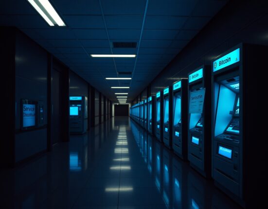 Row of idle Bitcoin ATMs in an empty corridor, one with a service discontinued sign