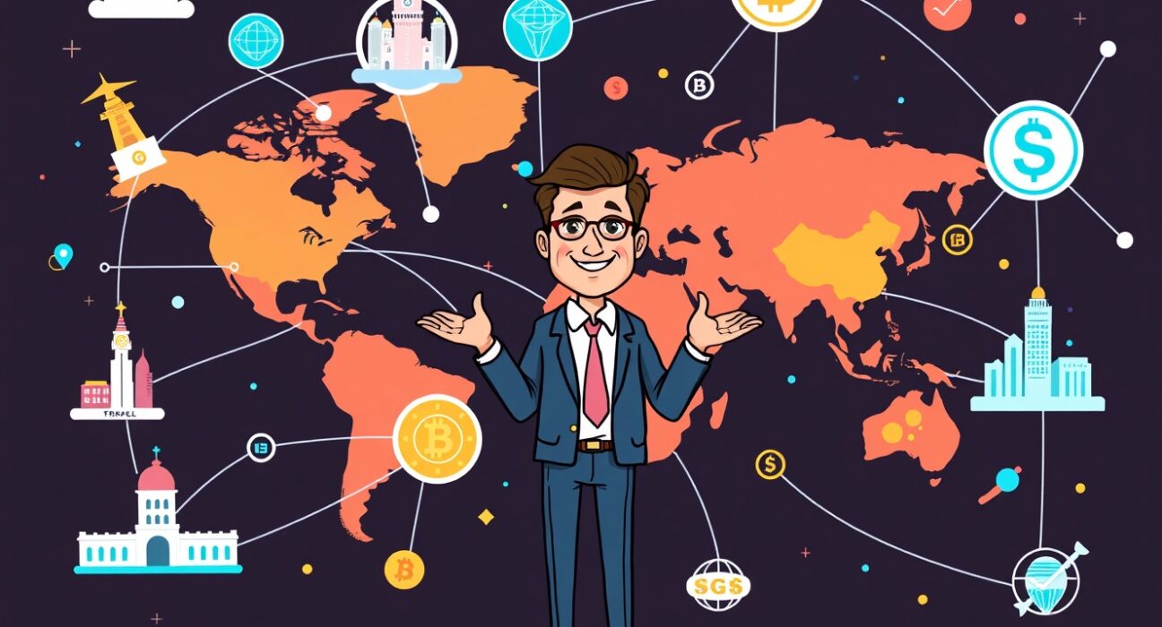 A cartoon illustration showing the secure and efficient flow of global blockchain transactions, representing the future of finance as predicted by Standard Chartered.