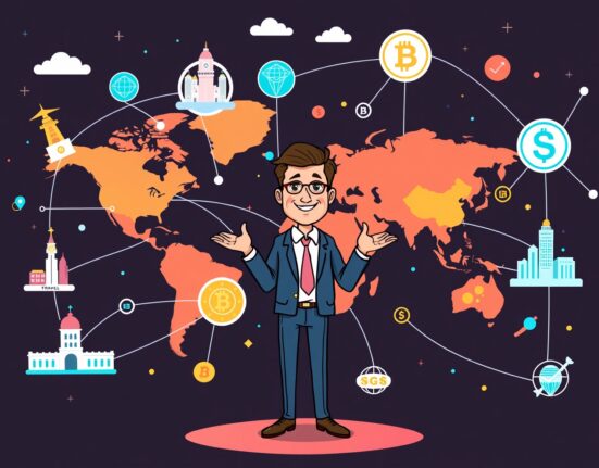 A cartoon illustration showing the secure and efficient flow of global blockchain transactions, representing the future of finance as predicted by Standard Chartered.